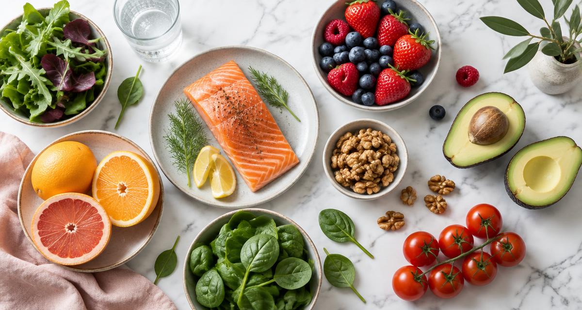 Salmon, berries, citrus, avocado, leafy greens, walnuts and tomatoes arranged for a healthy-skin meal.
