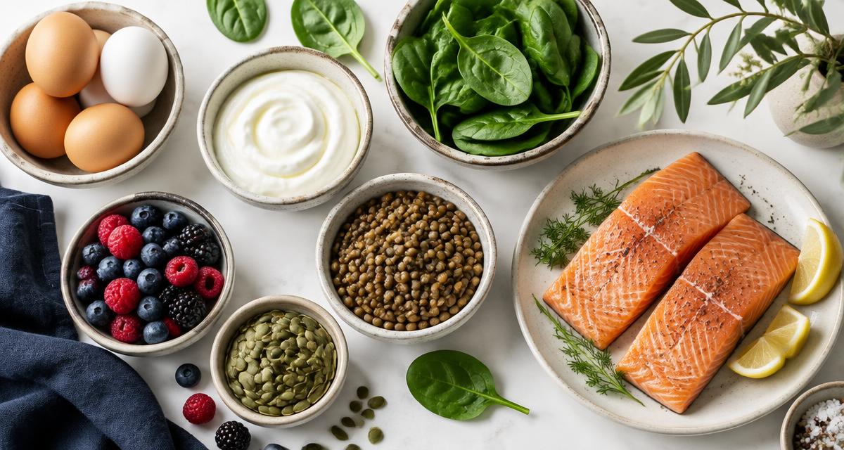 Eggs, yoghurt, lentils, spinach, pumpkin seeds, salmon and berries arranged for a healthy-hair diet.