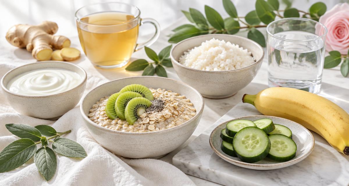 Oats, kiwi, yoghurt, rice, banana, cucumber, ginger tea and water arranged for a women’s bloating guide.